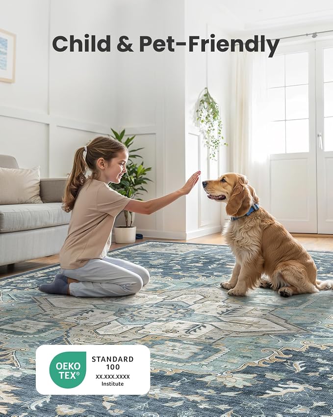 AMADA HOMEFURNISHING Washable Area Rugs, Low-Profile Washable Rug with Non-Slip Backing & Durable Edge Binding, Vintage Rugs for Living Room, Bedroom, Dinning Room (6x9, Blue/Yellow)