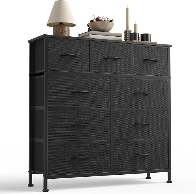 DUMOS 9 Drawer Dresser for Bedroom, Chest of Drawers | Fabric Storage Organizer, Sturdy Metal Frame Wooden Top, Closet Entryway Guest Room, Matte Black