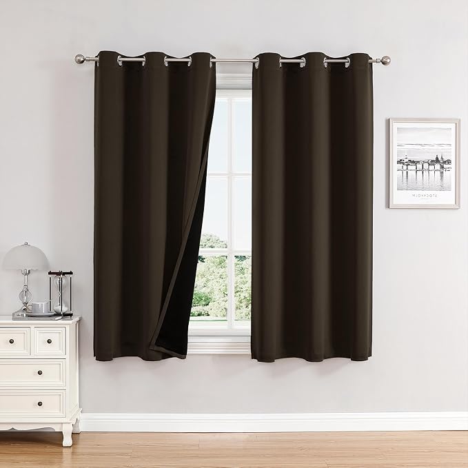 ChrisDowa 100% Blackout Curtains for Bedroom 63 Inches Long 2 Panels Set | 2 Thick Layers, Thermal Insulated, Light Blocking, Grommet, Window Treatment, Living Room Drapes, Brown, 38 x 63 Inch