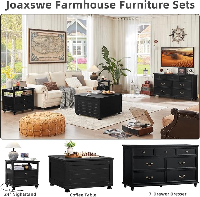Joaxswe Farmhouse Nightstand with Charging Station, 24" Wide End Table with 2 Drawers, Black Dresser for Bedroom, Bed Side Table Chest of Drawers Cabinet,Wood Night Stand for Living Room, Closet