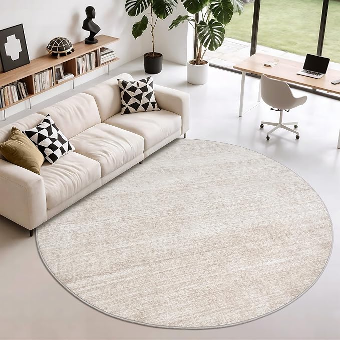 Round Rugs 6ft, Circle Washable Area Rugs for Living Room, Beige | Soft Low Pile, Thin & Lighweight Non Slip Carpet, Folable Stain Resistant Modern Indoor Floor Mat for Bedroom, Dining Room