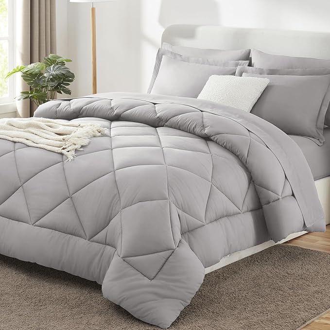 Super King Comforter Set French Grey - 7 Pieces Bed in a Bag | OEKO-TEX Certified, All Season, 240GSM Down-Alternative Comforter, Sheets, Pillowcases & Shams, 14" Deep Pocket, Easy Care