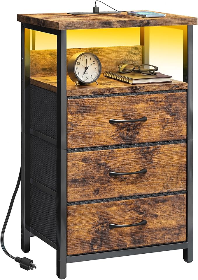 Fixwal Night Stand with 3 Fabric Drawers, Nightstand with Charging Station | rustic brown, led lights, built-in bedside charger, 2 AC outlets & 2 usb ports, 2 wooden shelves, bedroom furniture