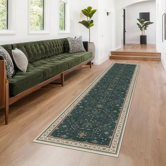 Vintage Dark Green 2x10 Hallway Runner Rug - Modern Boho Eclectic Floral Pastel, Washable Low Pile Non-Slip Extra Long Runner Rugs for Kitchen, Bedroom