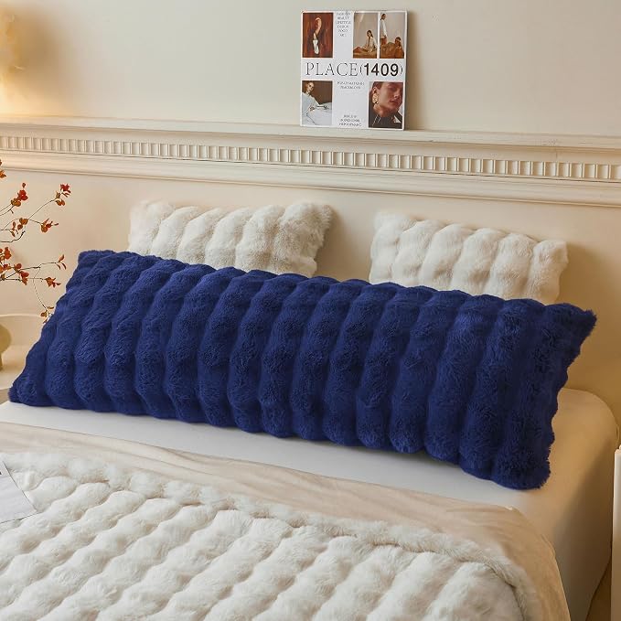 LIFEREVO Fluffy Faux Rabbit Fur Body Pillow Cover 20"x54", Navy Blue | Luxury Bubble Waffle Shaggy Bed Pillowcase with Hidden Zipper, Decorative Royal Long Fuzzy Pillow Case for Adults Kids Girls
