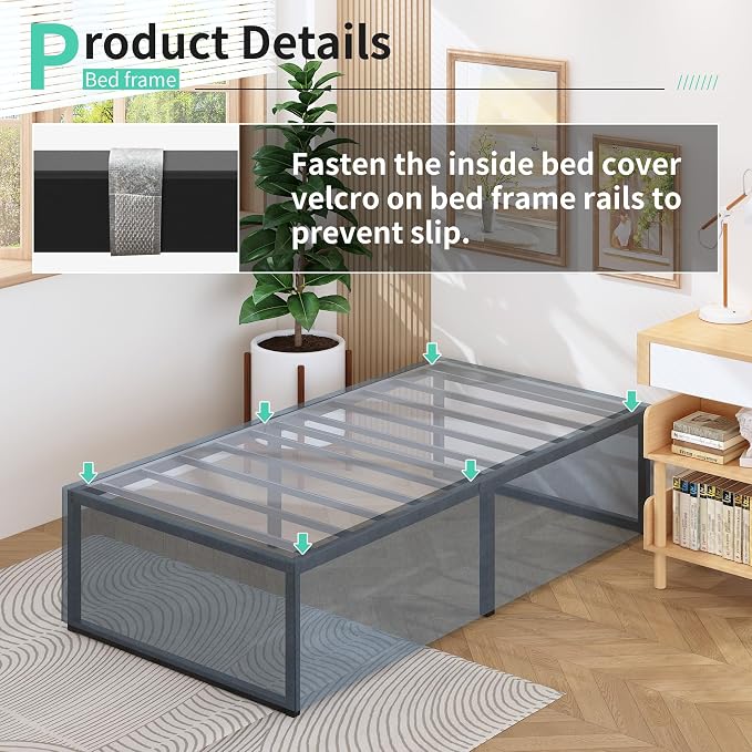 Lutown-Teen 18 Inch Twin XL Bed Frames with Fabric Bed Cover | Heavy Duty Sturdy Metal XL Twin Platform Bed Frame No Box Spring Needed, Noise Free, Easy Assembly, Black and Blue