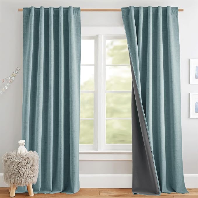 NICETOWN 100% Black Out Curtains 84 inch Long 2 Panels, Skylark Blue | Thick Linen Blend, Thermal Insulated, Privacy Window Draperies with for Studio, Daytime Sleepers Relax, W42" x L84" Each