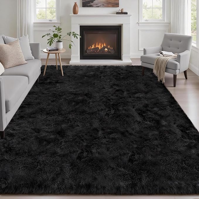Area Rug Living Room Bedroom: 5x7 Fluffy Plush Shag Carpet Black | For Kids Room Playroom Nursery Home Decor,Ultra Soft,Non-Slip Non-Shedding,Fuzzy Plush,Large Indoor Floor Carpet,Easy Clean