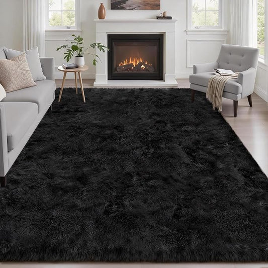 Area Rug Living Room Bedroom: 5x7 Fluffy Plush Shag Carpet Black | For Kids Room Playroom Nursery Home Decor,Ultra Soft,Non-Slip Non-Shedding,Fuzzy Plush,Large Indoor Floor Carpet,Easy Clean