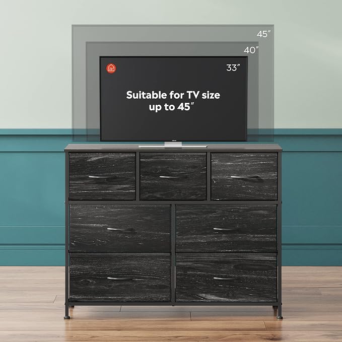 WLIVE Dresser for Bedroom, 7 Drawers, TV Stand, Black Wood Grain | 7 roomy fabric drawers, Fits TVs up to 45 inch, Bedroom or living room, Wide storage design, Chest of drawers