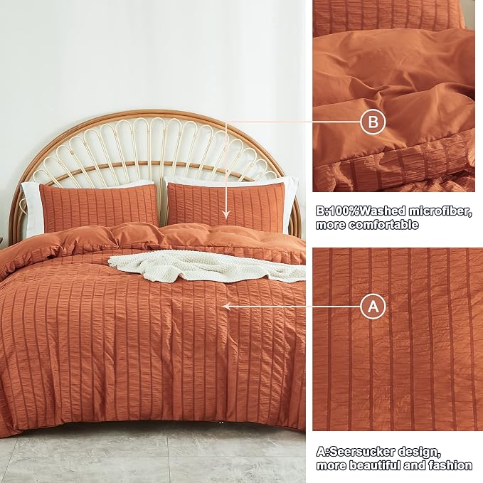 AveLom Terracotta Seersucker Duvet Cover Set Queen Size (90 x 90 inches), 3 Pieces (1 Duvet Cover + 2 Pillow Cases), Ultra Soft Washed Microfiber, Textured Duvet Cover with Zipper Closure, Corner Ties