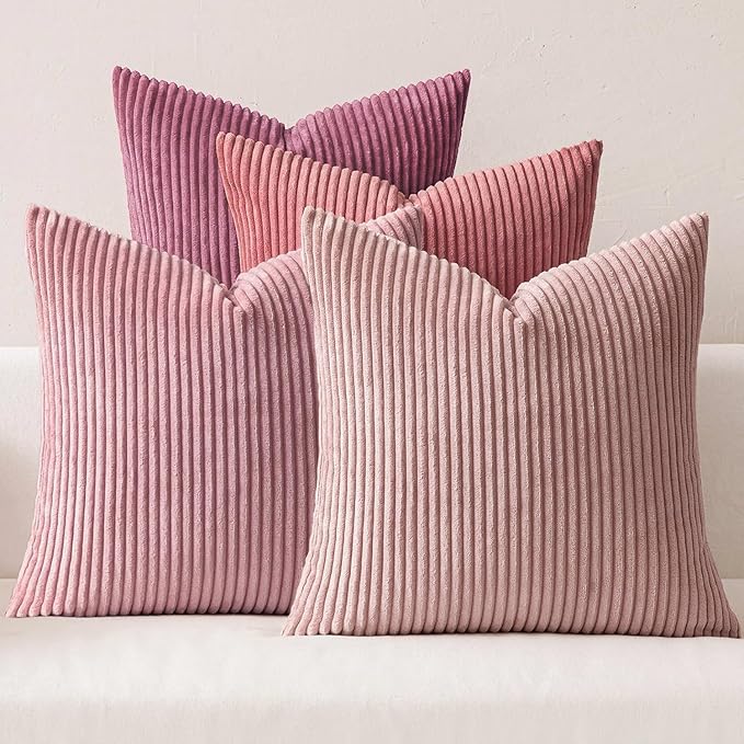 MIULEE Soft Corduroy Decorative Throw Pillow Covers Purple Pink 18x18 | Set of 4, Shabby Chic Romantic Decor, Pink Gradient Matching, Boho Farmhouse Cushion Covers for Couch Bed Sofa Living Room