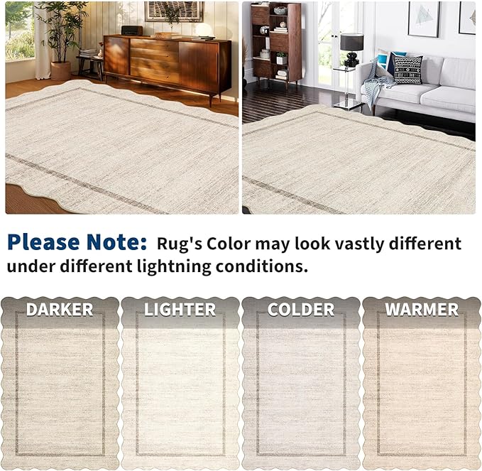 GarveeHome Scalloped Washable Rug 2x3 Kitchen Rugs for Entryway, Beige | Soft Door Mat Indoor Entrance Ultra-Thin, Small Non-Slip Throw Carpet for Bathroom Bedroom Entry Laundry, Beige