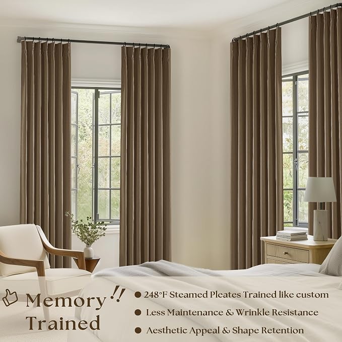 Dutch Cocoa 100% Blackout Pinch Pleated Linen 63 Inch Curtains with Liner | Memory Trained, Thermal Insulated, Heat Blocking, Black Out Curtains for Small Window Dining Room Bedroom 2 Panels W40xL63