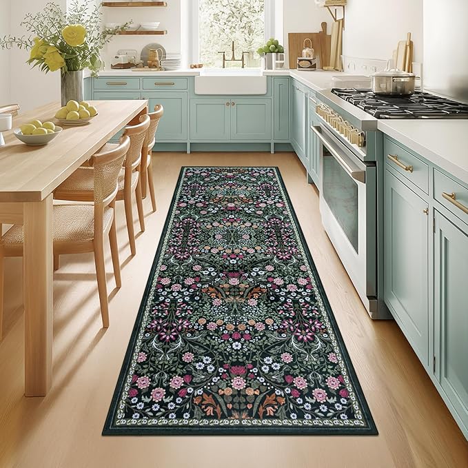 PLHXFR 2x6 Washable Runner Rug：Floral Indoor Kitchen Carpet Dark Green | For Hallway Bedroom Kitchen Laundry Bathroom Dorm,Vintage Floral,Machine washable,Non Slip,Stain Resistant,Indoor Floor