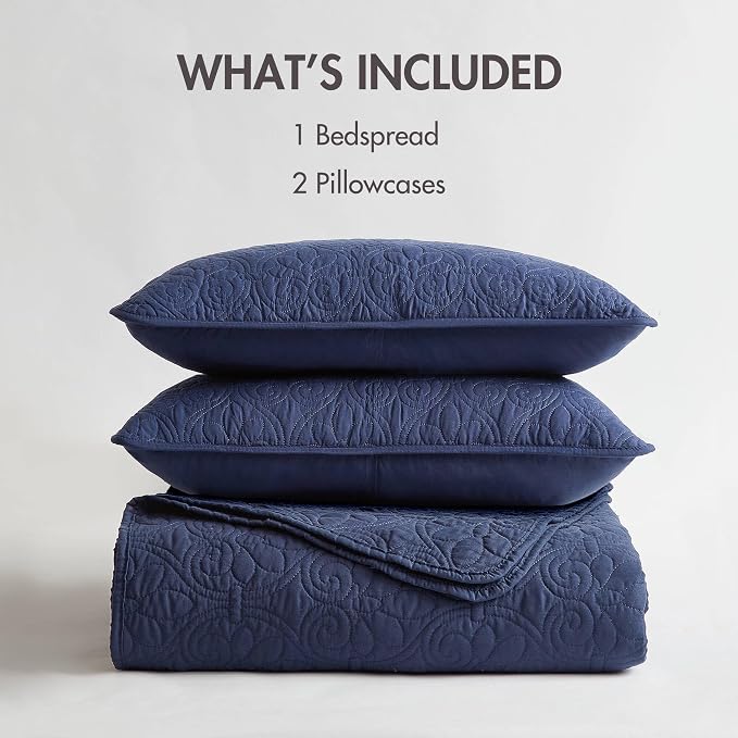 Madison Park Twin Quilt Bedding Set, Cottage-Inspired Damask, 2PC | All Season Quilted Coverlet, Classic Stitch Pattern Bedspread & Shams, Ultra Soft Microfiber Bedspread Set, Navy