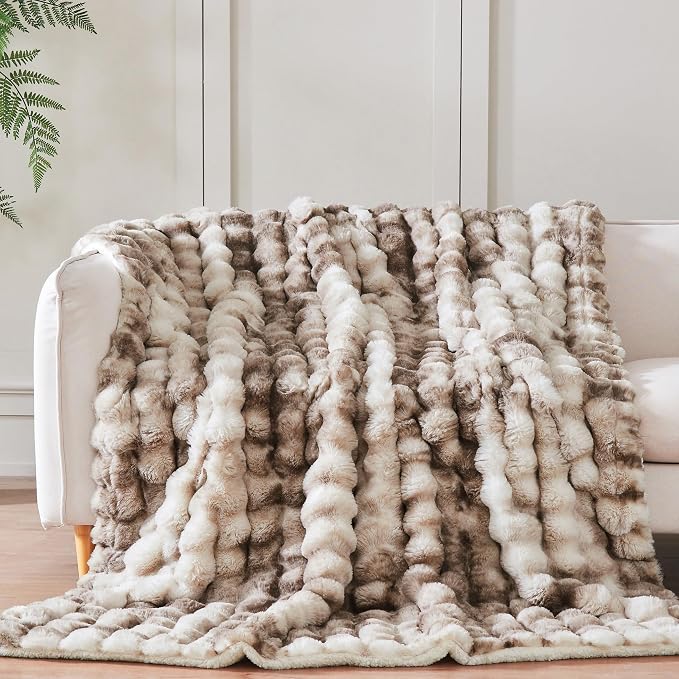 60x80 Inches Ultra-Soft Fuzzy Faux Fur Plush Twin Size Blanket - Thick, Warm Sherpa for Couch, Sofa, Bedroom, Camping - Decorative Blanket for Cozy Warmth, Bubble Brown Tie Dye