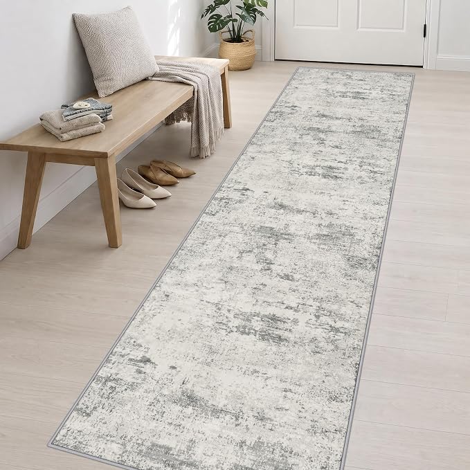 2.6x14 Washable Runner Rug:Modern Abstract Indoor Soft Carpet Gray | For Hallway, Bedroom, Kitchen, Laundry, Bathroom,Door Mat,Modern Abstract,Machine washable,Non-Slip,Stain Resistant,Indoor