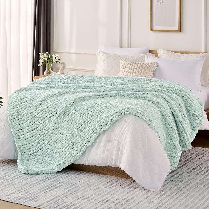 L'AGRATY Chunky Knit Throw Blanket for Couch, 60 x 80 Inches, Mint Green | Handmade Chenille Crochet Blanket for Sofa Bed, Thick Cable Knitted Blankets for Room Home Decor, Birthday Gift for Women Mom