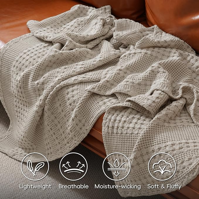 PHF Lightweight 100% Cotton Waffle Blanket, Oversized King, Pearl Gray | Pre-Washed Soft Cotton Comfor, Extra Large 10'x10' Blanket, Giant Big Luxury Aesthetic Woven Bedding for Home Decor