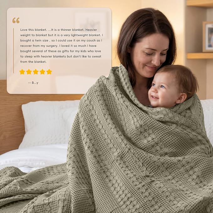 PHF Lightweight 100% Cotton Waffle Blanket for Bed, King, Dusty Sage | Pre-Washed Soft Cotton Comfort, Breathable Layering Warmth for Fall & Winter, Bed, Sofa, Couch, Home Decor & Gifts