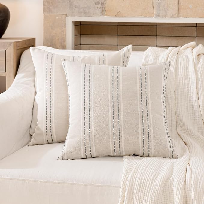 Hckot Grey Decorative Throw Pillow Covers 18x18 Set of 2 Boho Pillow Covers | Striped Farmhouse Pillows Textured Linen Square Cushion Covers for Sofa Couch Bed Living Room Decor(Light Grey)