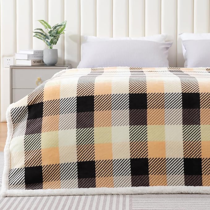 Sherpa Plaid Twin Blanket 60" X 70", Fuzzy Fluffy Soft Cozy Throw Blanket, Twin Size Plush Fleece Flannel Plush Microfiber Blanket for Couch Bed Sofa (Brown Color)