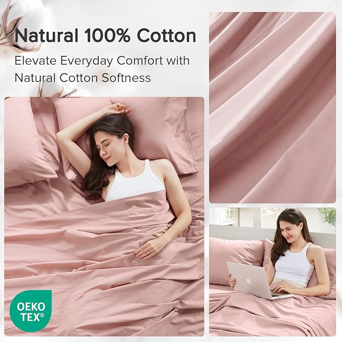 Comfort Spaces 100% Cotton Percale Sheets King Sheet Set 4 Pcs, Pink | Crisp, Cool & Breathable Bed Sheets, 14" Deep Pocket Fits Up to 16" Mattress, Lightweight, All Season Cozy, with Pillow Case