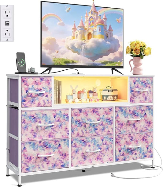 WLIVE LED Dresser TV Stand for 55 Inch TV, 8 Drawers, Tie-Dye | Fits TVs up to 55 inch, 8 fabric drawers, LED chest of drawers, Built-in power outlet, Living room or bedroom