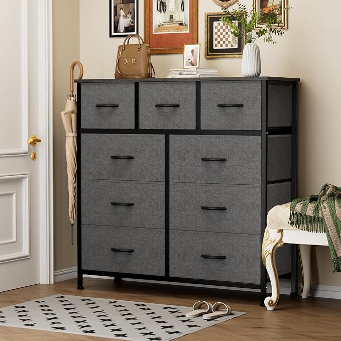 OLIXIS 9 Drawer Fabric Dresser for Bedroom, Closet Organizer Storage Tower | Easy-Pull Chest of Drawers, Lightweight Clothes Organizer, Anti-Tip Design, Space-Saving Storage for Dorm, Apartments, Gray