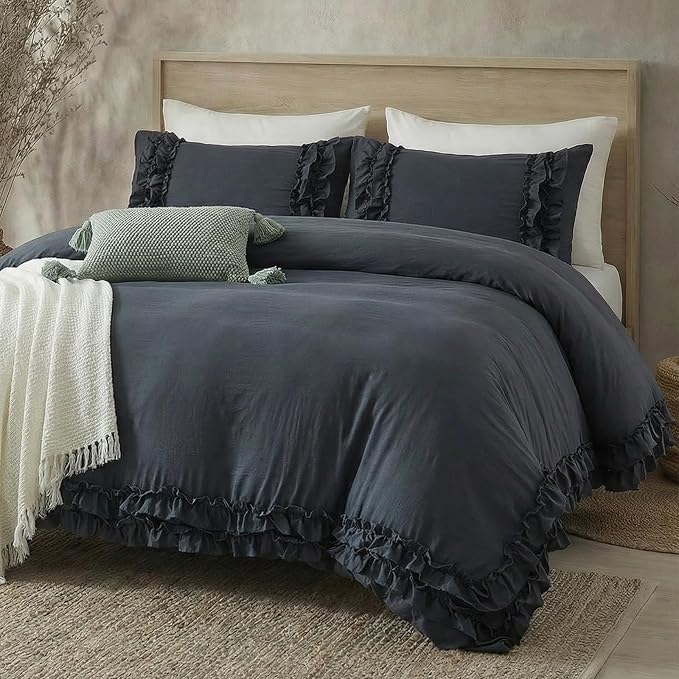 Bedorm Navy Ruffle Duvet Cover Vintage King Bedding Set Navy Blue Lace Fringe Ruffled Bedroom Decor Shabby Chic Boho Comforter Cover with Pillowcases
