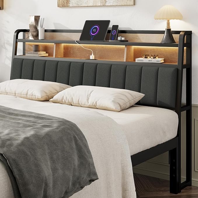 King Headboard Only with Storage, Charging Station, Black & Brown | Upholstered Headboards for King Size Bed with LED Light, Height Adjustable, Sturdy and Stable Headboard