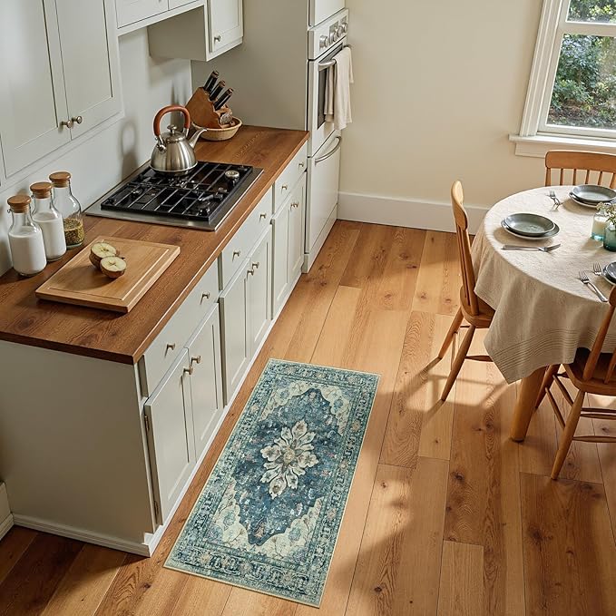 RELEANY Washable Area Rug, Small 2'x4', Blue/Vintage Dark Blue | Non-Slip, Water Repellent, Pet Friendly, Easy to Clean, Vintage Floral Boho Decor for Kitchen Entryway Bathroom
