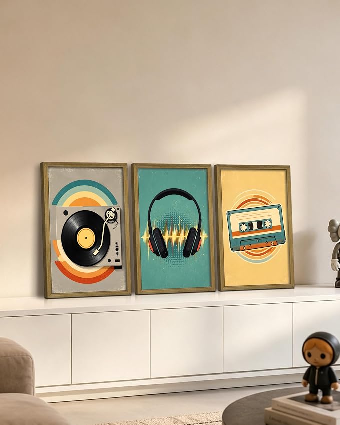 Framed Vintage Music Canvas Wall Art Set of 3, Vinyl Record Headphones Cassette Wall Decor Painting, Rustic Mid Century Music Print Pictures for Bedroom Living Room Office Studio Decor 16x24 Inch
