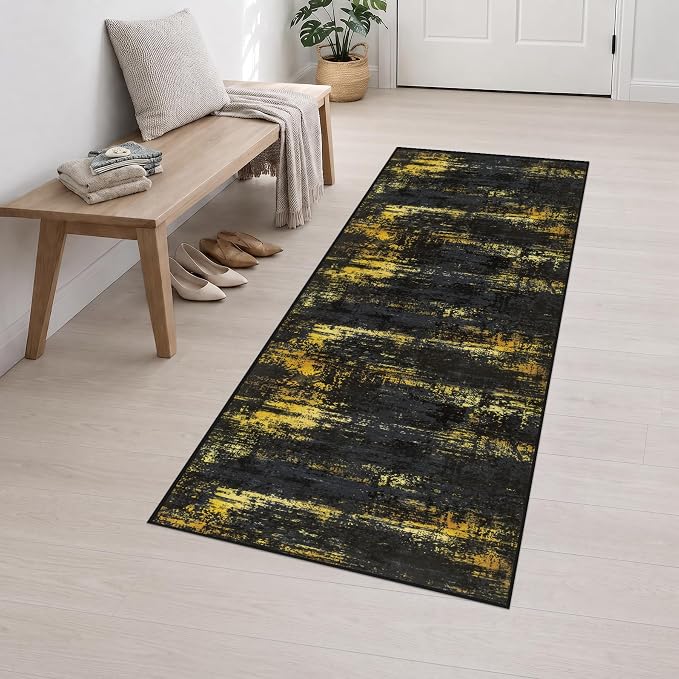 2.6x8 Washable Runner Rug：Modern Abstract Soft Carpet Black Gold | For Hallway, Bedroom, Kitchen, Laundry, Bathroom,Door Mat,Modern Abstract,Machine washable,Non-Slip,Stain Resistant,Indoor