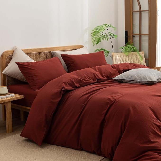 BESTOUCH Cotton Solid Duvet Cover Set Linen Feel Fired Brick Red Twin | 100% Washed Cotton, Soft Wrinkle Texture, Hidden Zipper, 8 Ties, Breathable Lightweight Durable Comfy, 2 Pcs No Insert