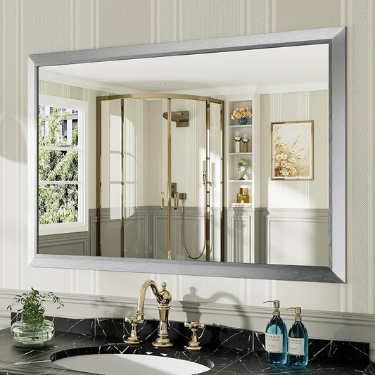 Bathroom Wall Mirror, Silver Brushed Nickel Metal Frame, 48x32 Inch | Anti-rust, HD tempered glass, for bathroom vanity, bedroom, living room, horizontal or vertical mount