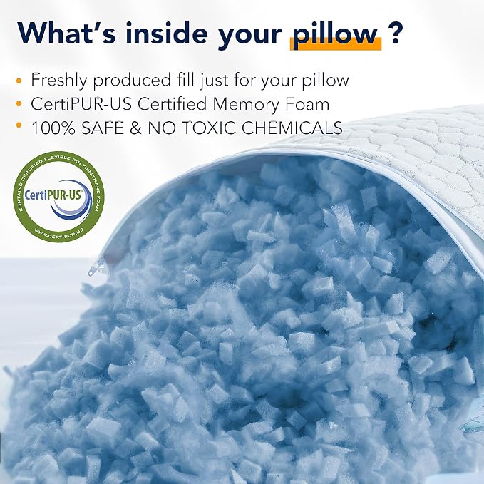 QUTOOL Cooling Pillow for Sleeping, CertiPUR-US Shredded Memory Foam Standard Pillow Set of 1, Cool Pillow for Hot Sleepers Adjustable Firm Pillow for Side,Back,Stomach Sleepers Soft Yet Support,White