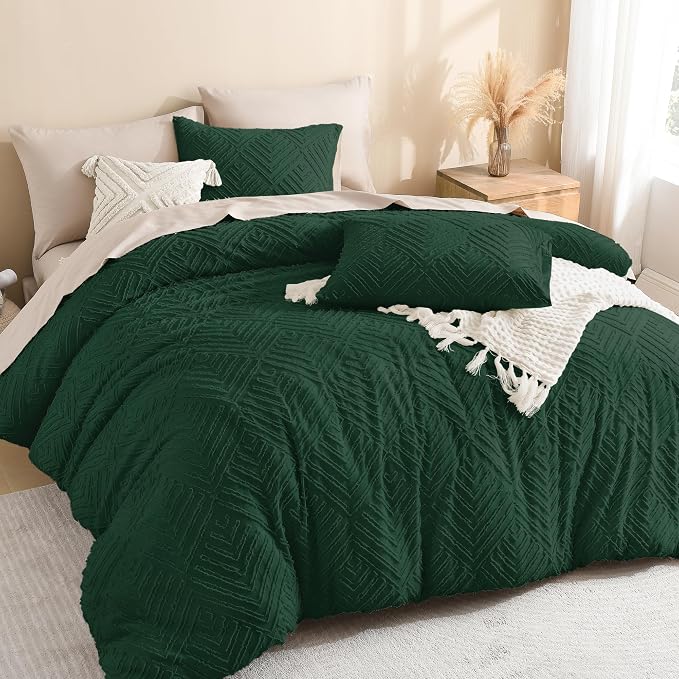 Litanika Queen Size Comforter Set, 3 Pieces Tufted Boho Bedding Set | Emerald Green Farmhouse Shabby Chic Vintage Bohemian Textured Aesthetic Soft Fluffy Lightweight Breathable All Season Bed Set