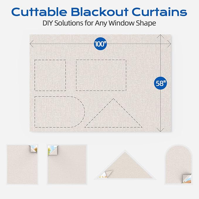 Linen Blackout Curtains for Bedroom, 100" x 58" Portable Blackout Blinds | 100% Blackout Window Cover with Hook&Loop Strip, Temporary Blackout Shades, Blackout Window Film for Nursery Travel RV- Cream