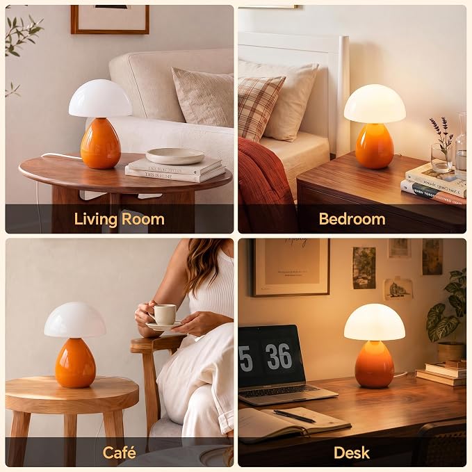 Mushroom Lamp Table Lamp for Bedroom-Small Desk Table Lamps,Orange | Ice Crackle 10.08" Mid Century Modern Table Lamps for Living Room Bedroom Decor,Ceramic Lamps for Home Room Decor,Glass Shade