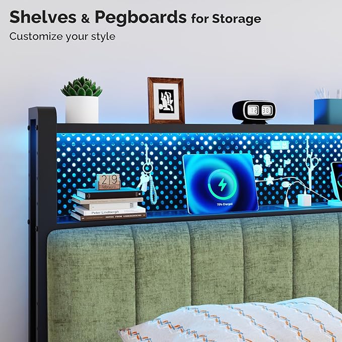 VINGLI Chenille Green Queen Size Headboard for Bed with Storage Bookcase, Upholstered Head Board with Charging Stations and LED Lights, 2 Tier Shelves and Pegboard,Height Adjustable