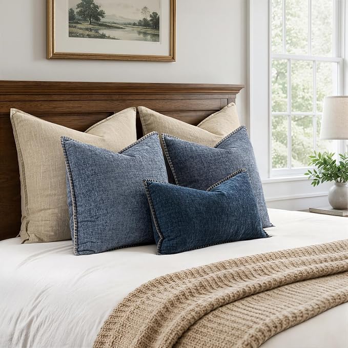 MIULEE Decorative Couch Throw Pillow Covers 20x20 in Dark Grey Blue 2 Pack | Farmhouse Pillow Covers with Stitched Edge, Soft Chenille Cushion Cases, for Sofa Bed Living Room Home Decor