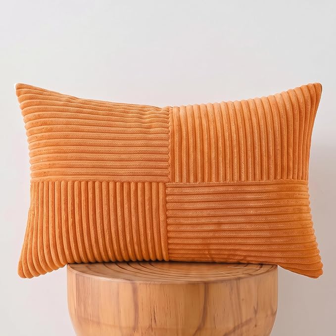Fancy Homi 2 Packs Orange Lumbar Decorative Throw Pillow Covers 16x32 Inch for Living Room Couch Bed Sofa, Farmhouse Boho Home Decor, Soft Striped Corduroy Rectangle Accent Cushion Case 40x80 cm