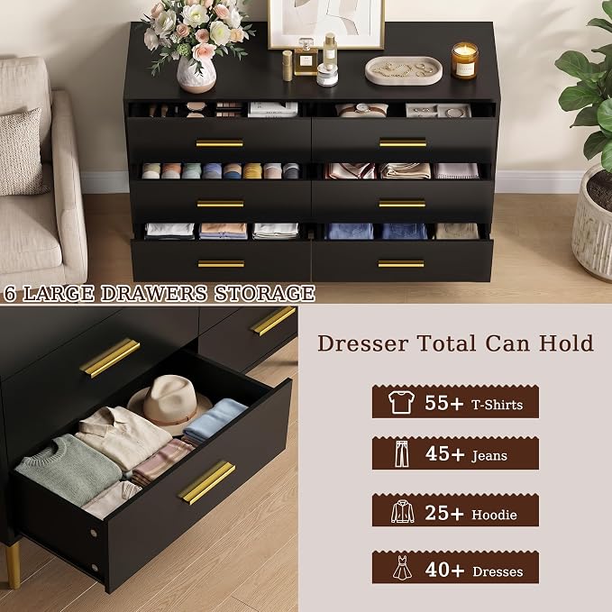 Black 6 Drawer Dresser for Bedroom, 47" Wood Dresser with Gold Handles. | Modern Dressers & Chests of Drawers for Living Room, Hallway, Entryway.