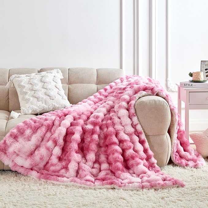 50x60 Inches Ultra-Soft Fuzzy Faux Fur Plush Throw Blanket - Thick, Warm Sherpa for Couch, Sofa, Bedroom, Camping - Decorative Blanket for Cozy Warmth, Bubble Pink Tie Dye