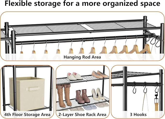 HOMIDEC Wardrobe Closet,Portable Clothes Rack with 4 Tiers Shelves | Freestanding Closet Organizers and Storage System with Hanging Rod,Steel Clothing Rack Suitable for Cloakrooms,Bedrooms.Black
