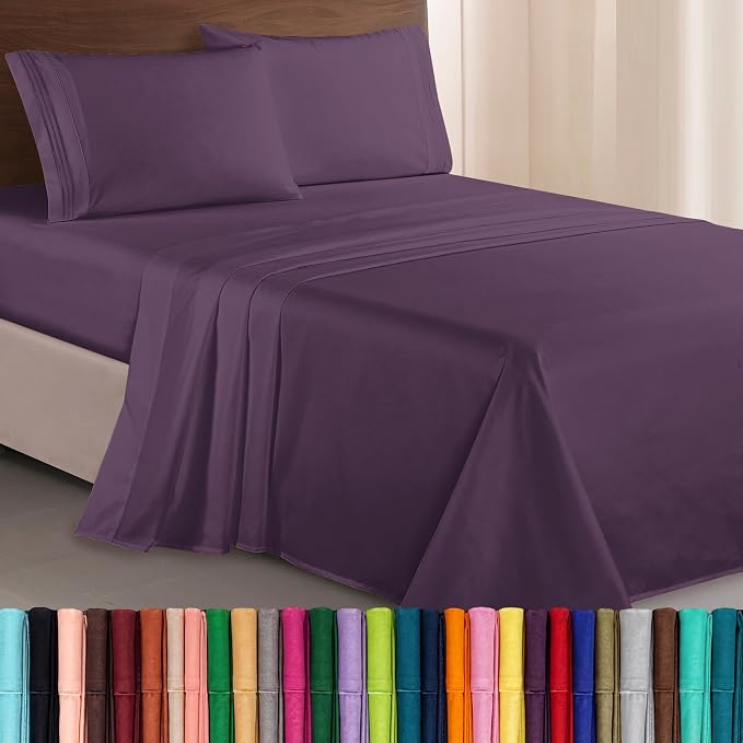 Elegant Comfort Luxurious 1500 Premium Hotel Quality Microfiber Three Line Embroidered Softest 4-Piece Bed Sheet Set, Wrinkle and Fade Resistant, Twin/Twin XL, Eggplant-Purple