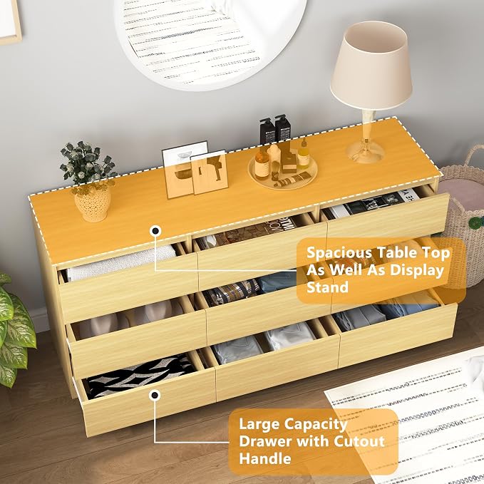 Vibe & Dine 9 Drawer Dresser, Modern Long Dresser for Bedroom, Wood Chest of Drawers with Wide Storage for Living Room, Natural Wood