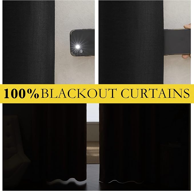 NICETOWN Vintage Rod Pocket 100% Blackout Curtains 84" Long for Dining Room | Flax Thermal Insulated & Soundproof Window Treatment Drapes for Hall Room, Black, 52" Wide Per Panel, Set of 2